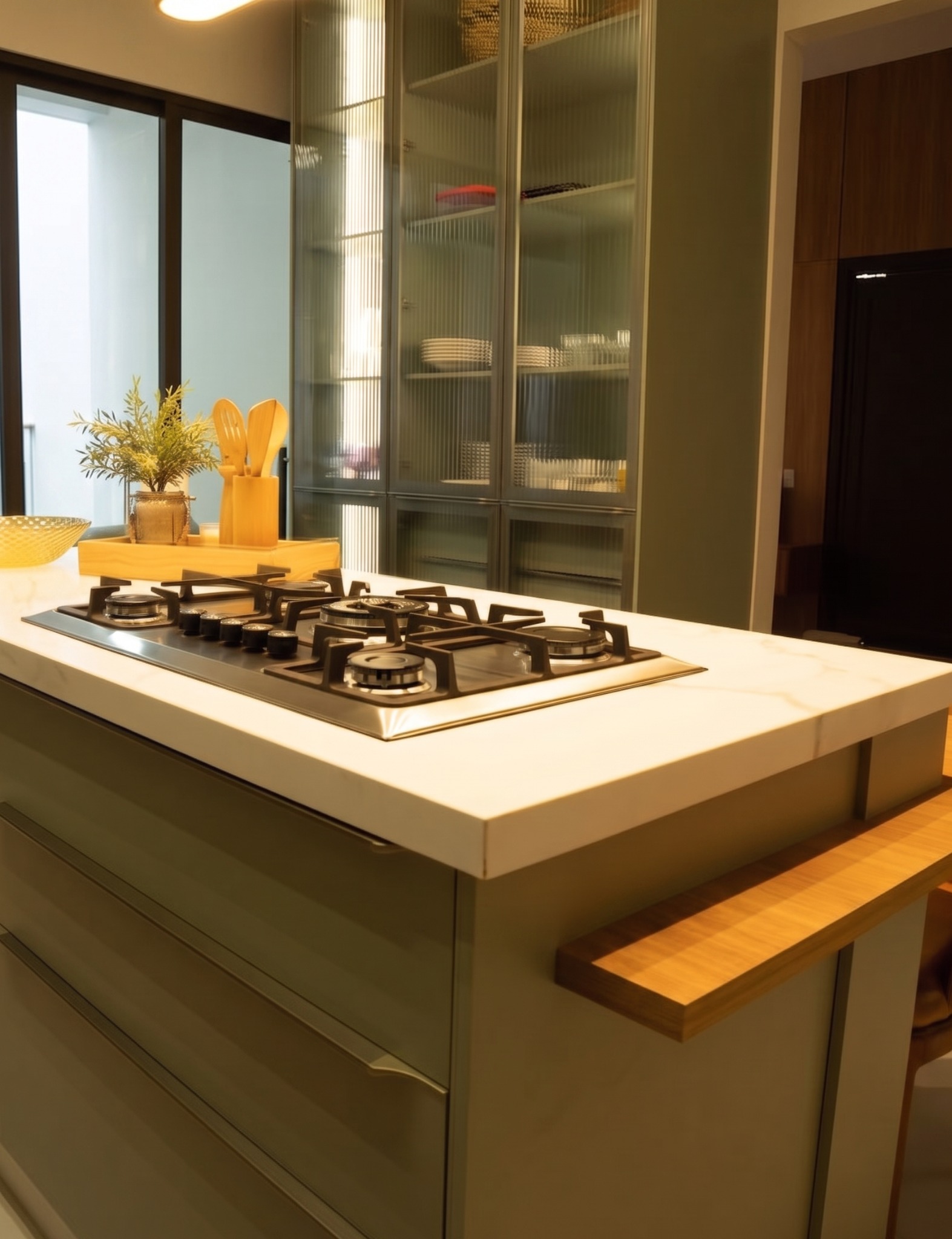 Detalhe de bancada clara com cooktop e armários em tom oliva